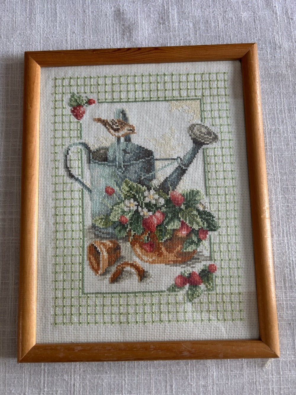 Framed Cross-Stitch Watering Can with Strawberries and bird